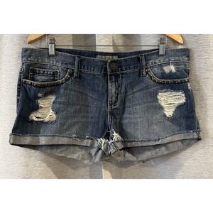 YMI Women's  Size 13 Rolled Cuff Distressed Denim Blue‎ Jean Shorts Stretch